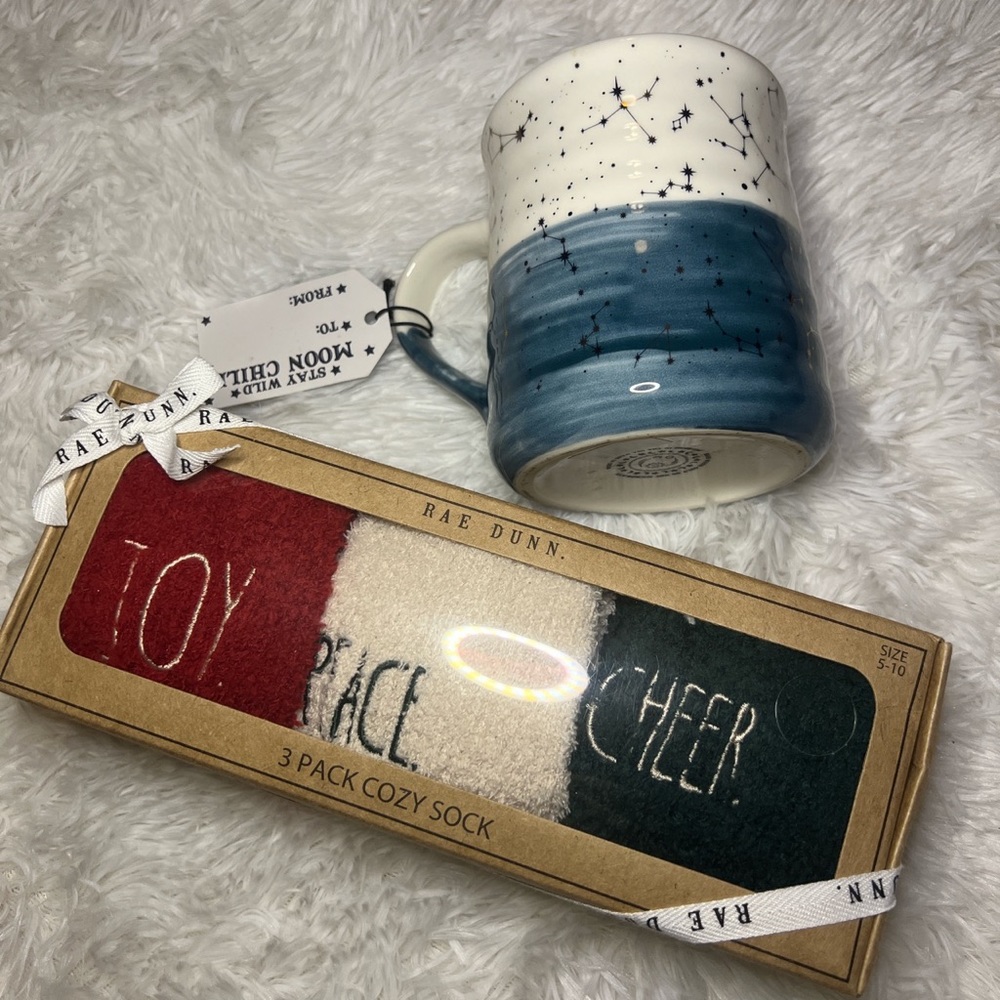 Bundle 3 pack beautiful and festive Rae Dunn socks and constellation mug
